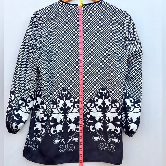 Chico’s Black White Damask Print Blouse Size 0 (US 4/6) Boho Tunic 3/4 Sleeve - Picture 7 of 8